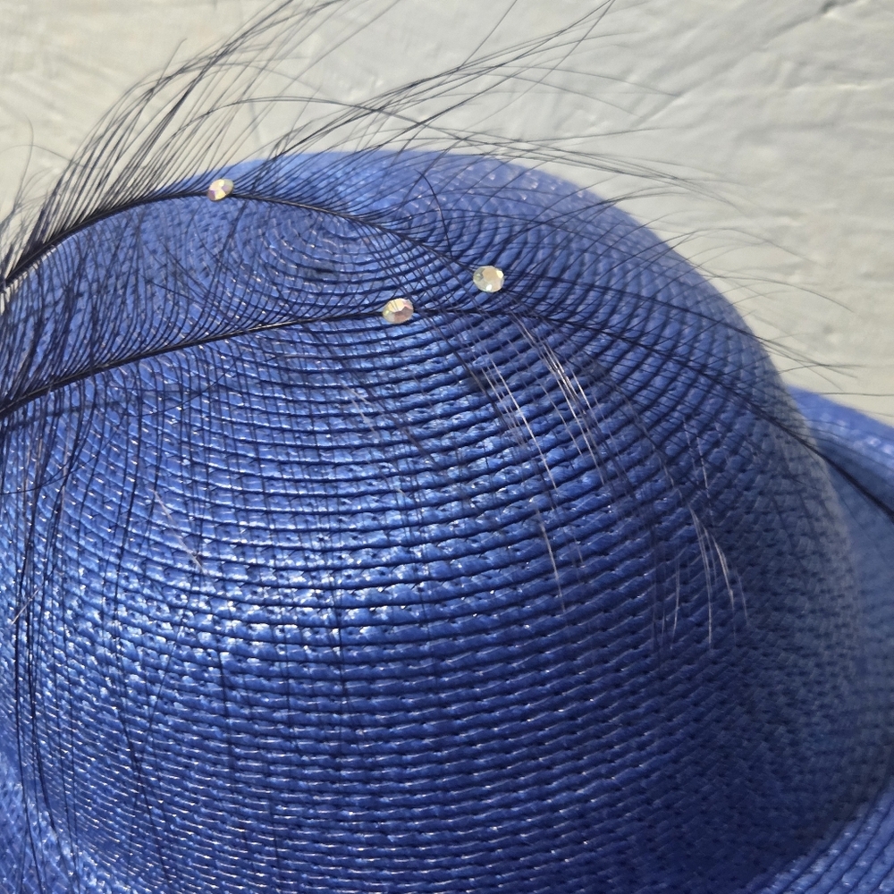 Vintage Periwinkle Straw Bowler Hat With Feathers - Picture 5 of 8